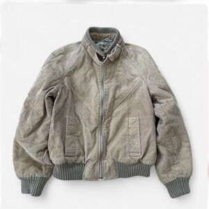 Beige Corduroy Bomber Jacket - Ribbed Hem